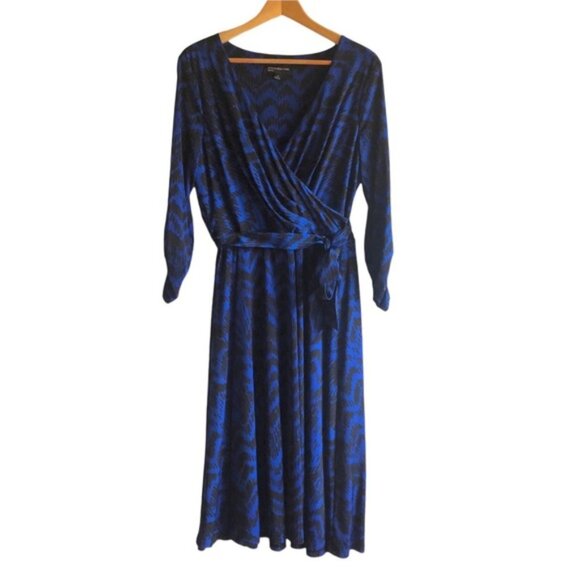 Jones New York Dress US 10 Blue Black Faux Wrap Chevron - Picture 2 of 11